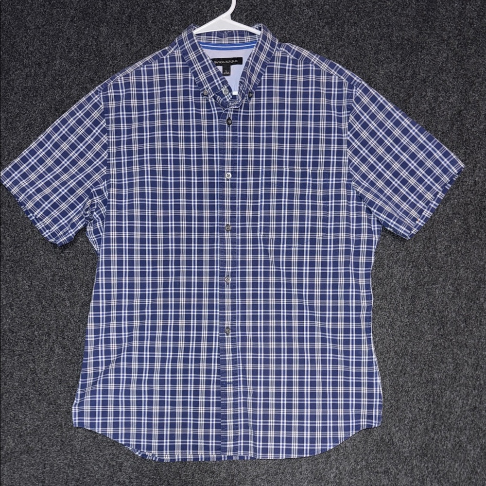 Banana Republic Mens Blue White Plaid Short Sleeve Button Down Shirt Large